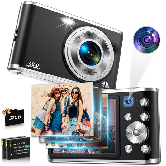 4K Digital Camera 48MP Autofocus Vlog Video Dual Cameras for Youtube with 32GB Card,Black,New