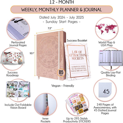 Law of Attraction Academic Planner 2023 - Deluxe July 2023-2024 Dated Weekly & Monthly Planner, Increase Productivity & Happiness, Daily Manifestation Journal - Life, Work, Goal Journal & Stickers, B5