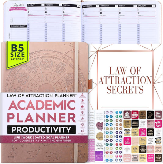 Law of Attraction Academic Planner 2023 - Deluxe July 2023-2024 Dated Weekly & Monthly Planner, Increase Productivity & Happiness, Daily Manifestation Journal - Life, Work, Goal Journal & Stickers, B5